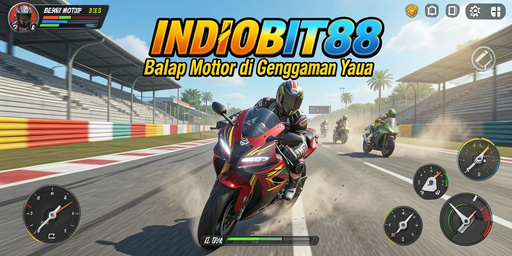 Screenshot INDOBIT88 menunjukkan balapan motor yang seru dan grafis menakjubkan.