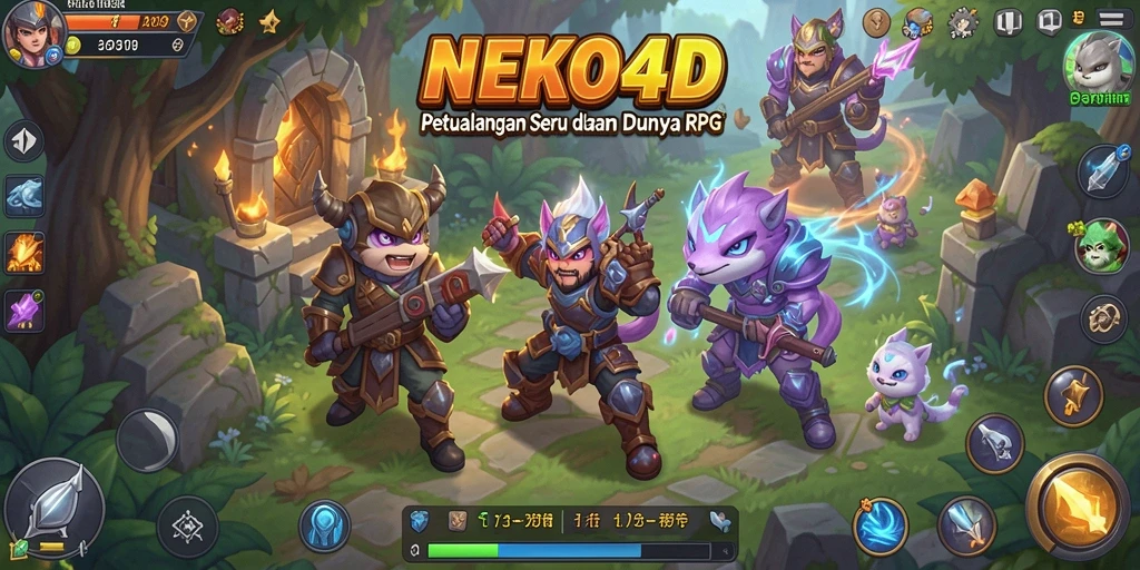 Screenshot antarmuka NEKO4D menampilkan karakter RPG dalam pertempuran.